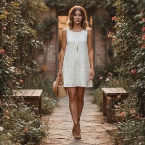 BOHO White Eyelet Lace Geometric Shift Dress T-Back Mini SZ M